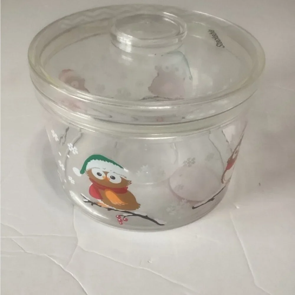 Clear plastic Christmas owl themed cookie jar